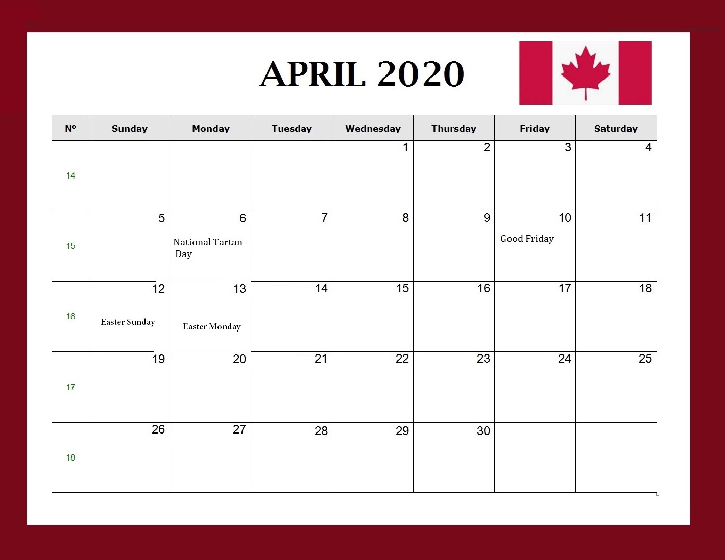 Canada April 2020 Federal Holidays Calendar