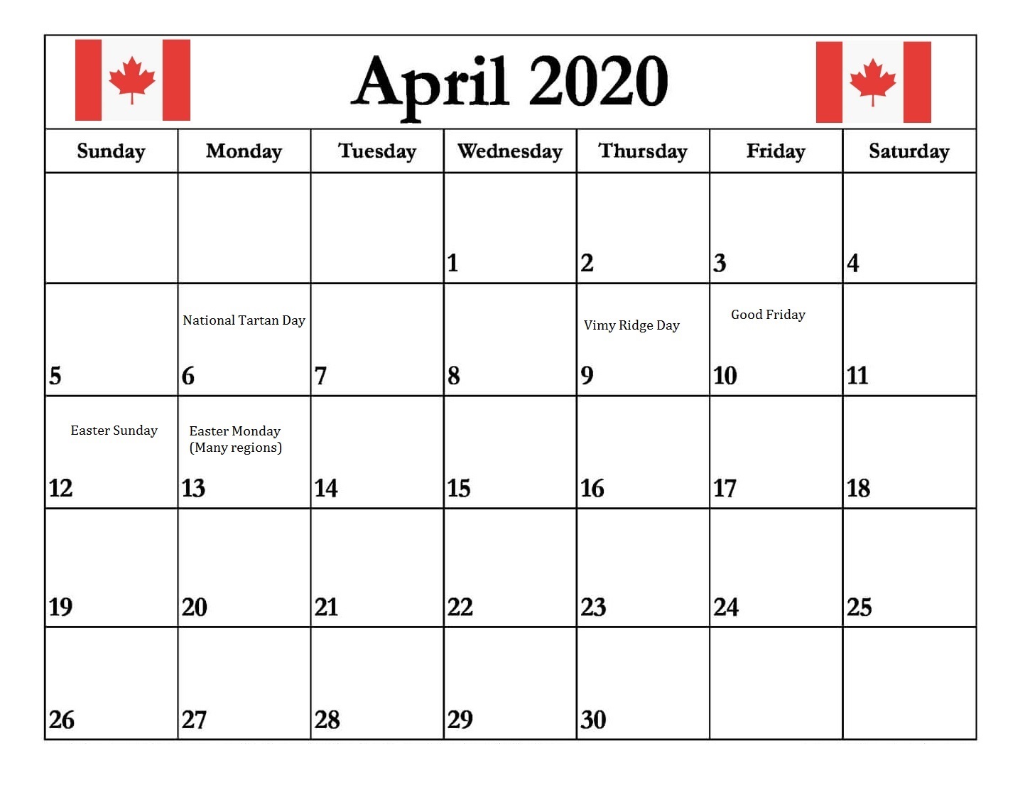 Canada April 2020 Holidays Calendar