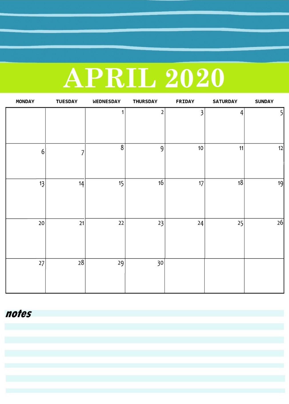 Cute April 2020 Calendar Template