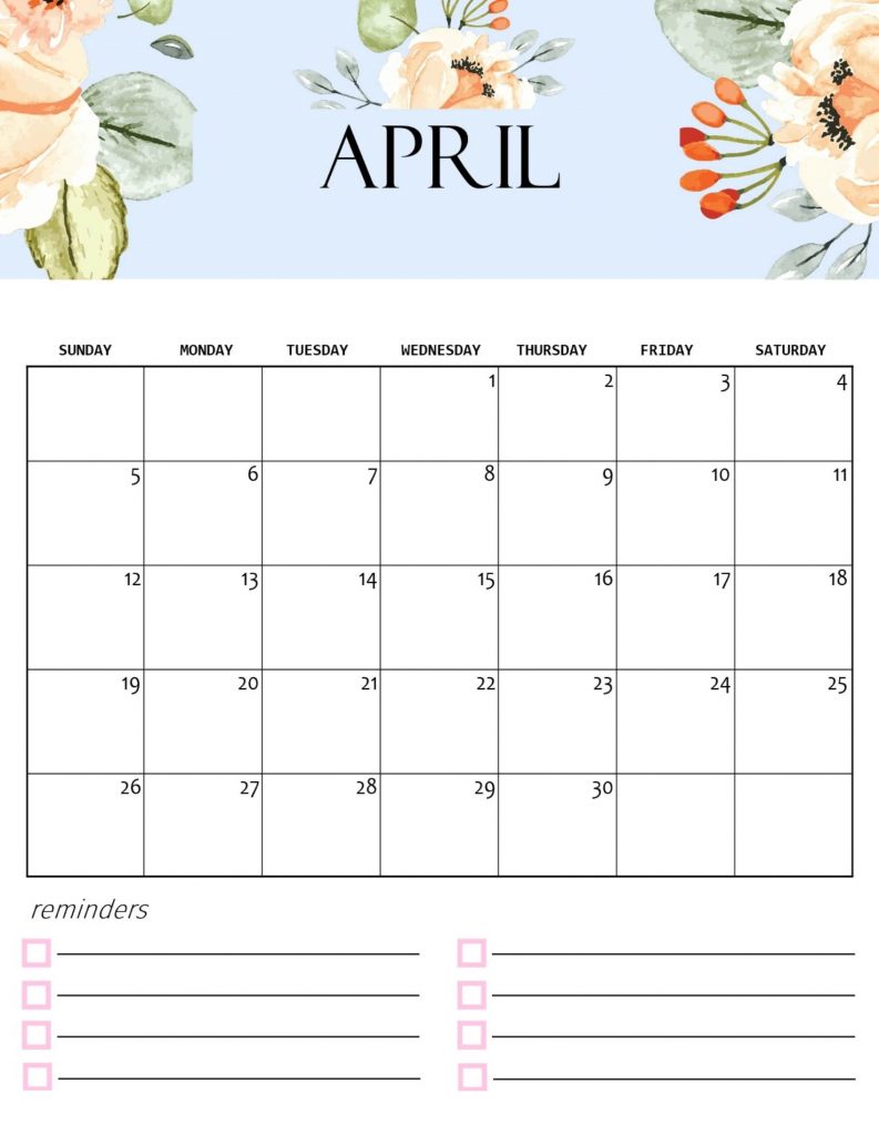 Cute April 2020 Floral Calendar