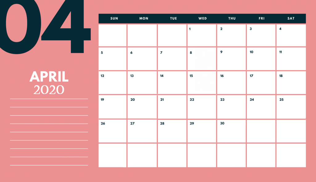 Desk April 2020 Monthly Calendar