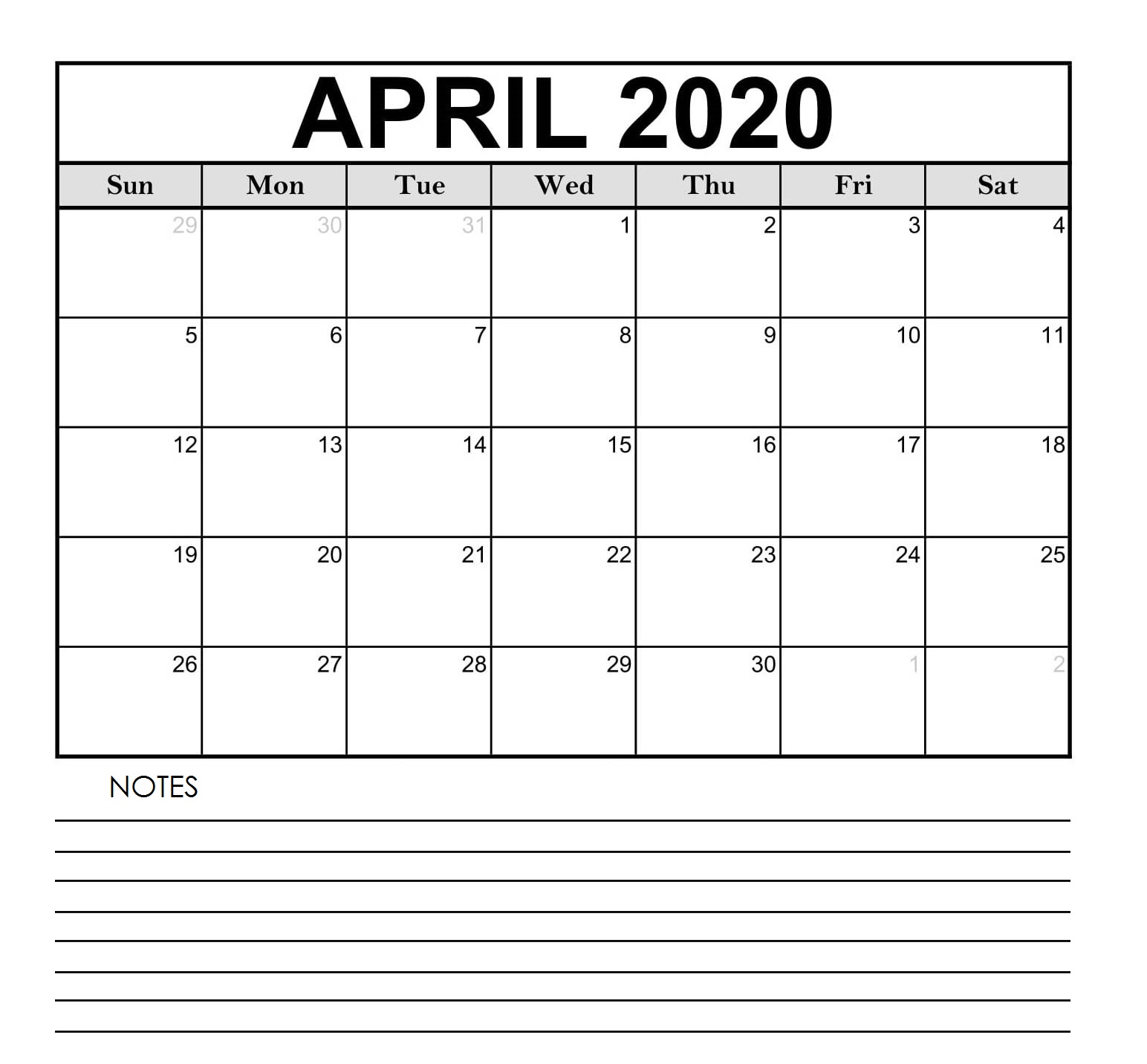 Editable April 2020 Calendar With Notes