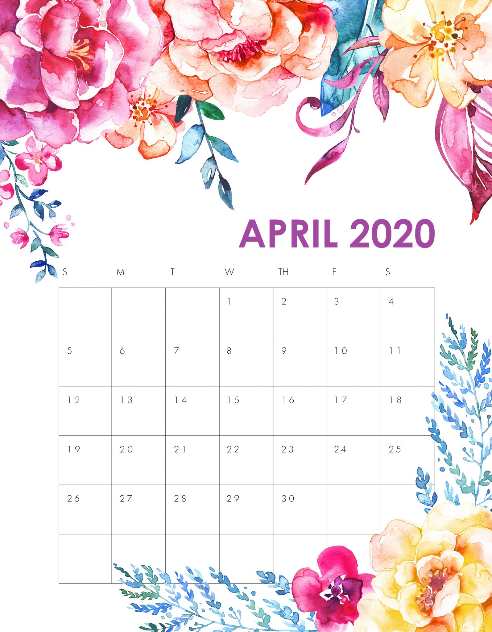Floral April 2020 Cute Calendar