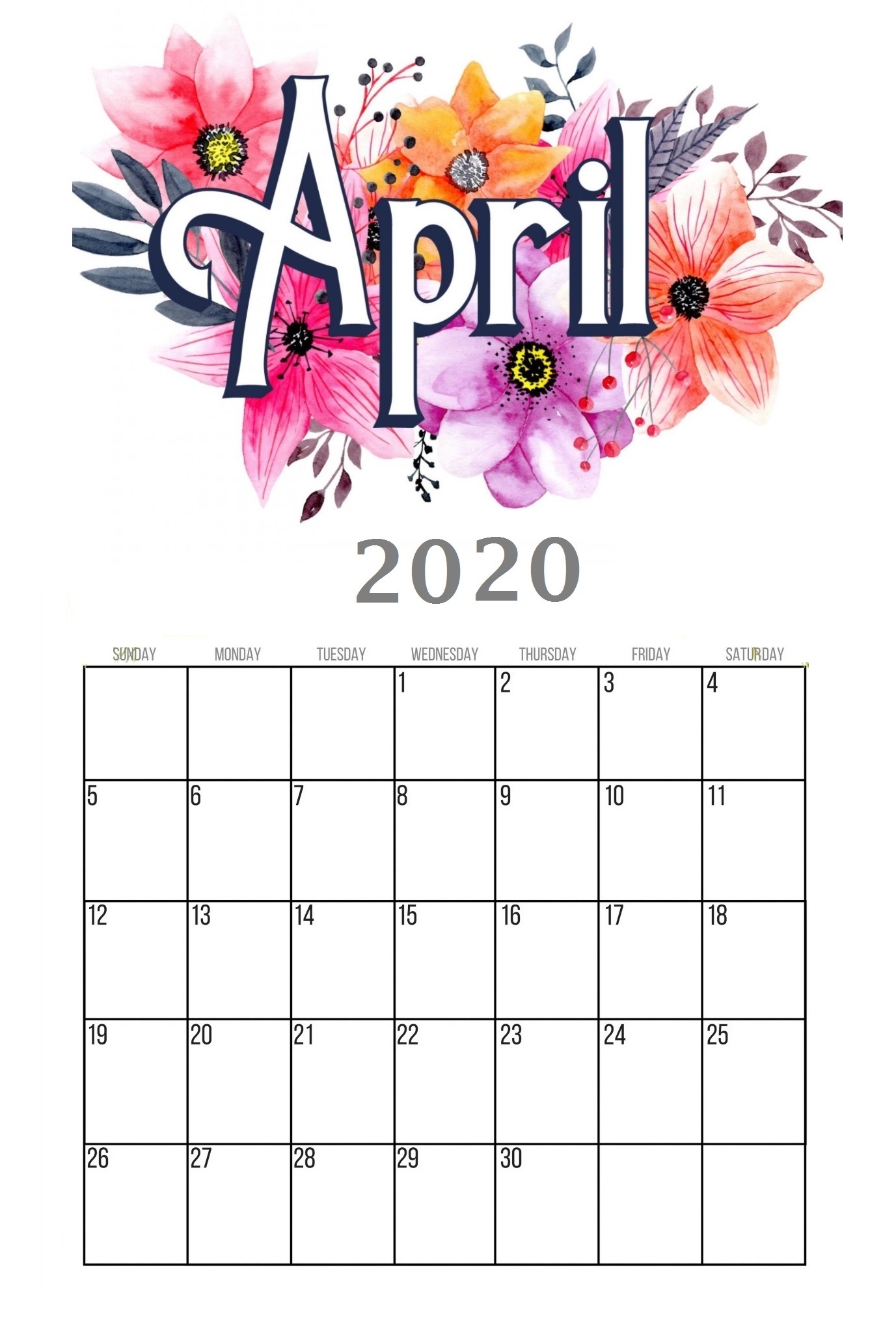 Free April 2020 Wall Calendar