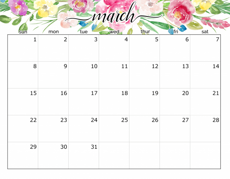Floral March 2020 Calendar