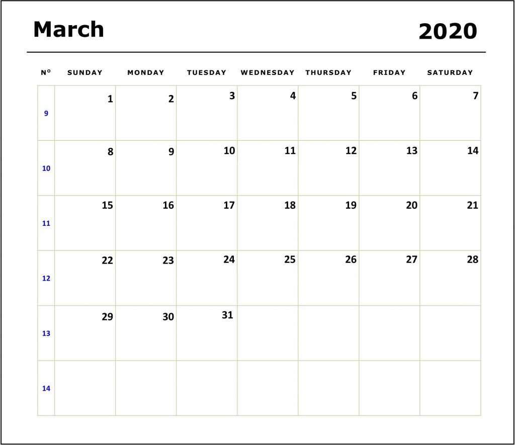 March 2020 Blank Calendar With Notes