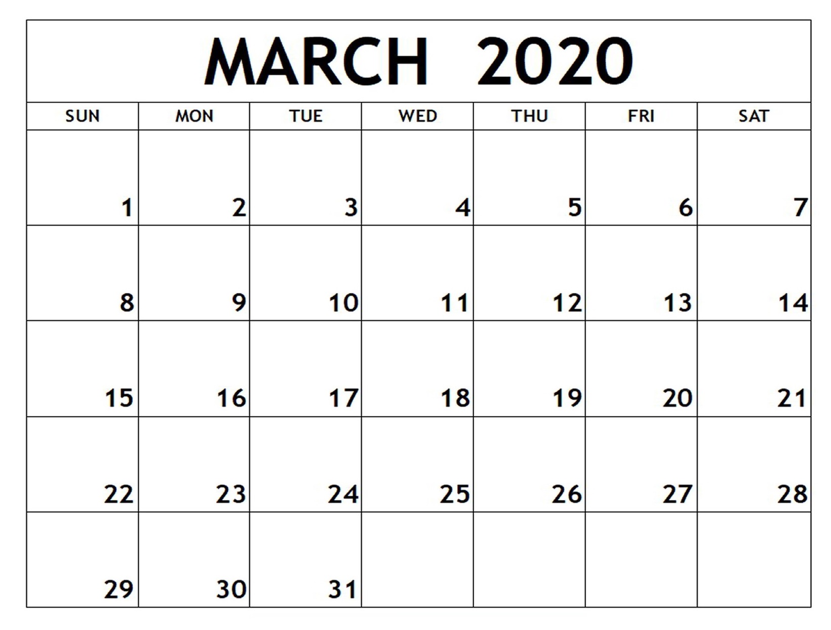 March 2020 Blank Calendar
