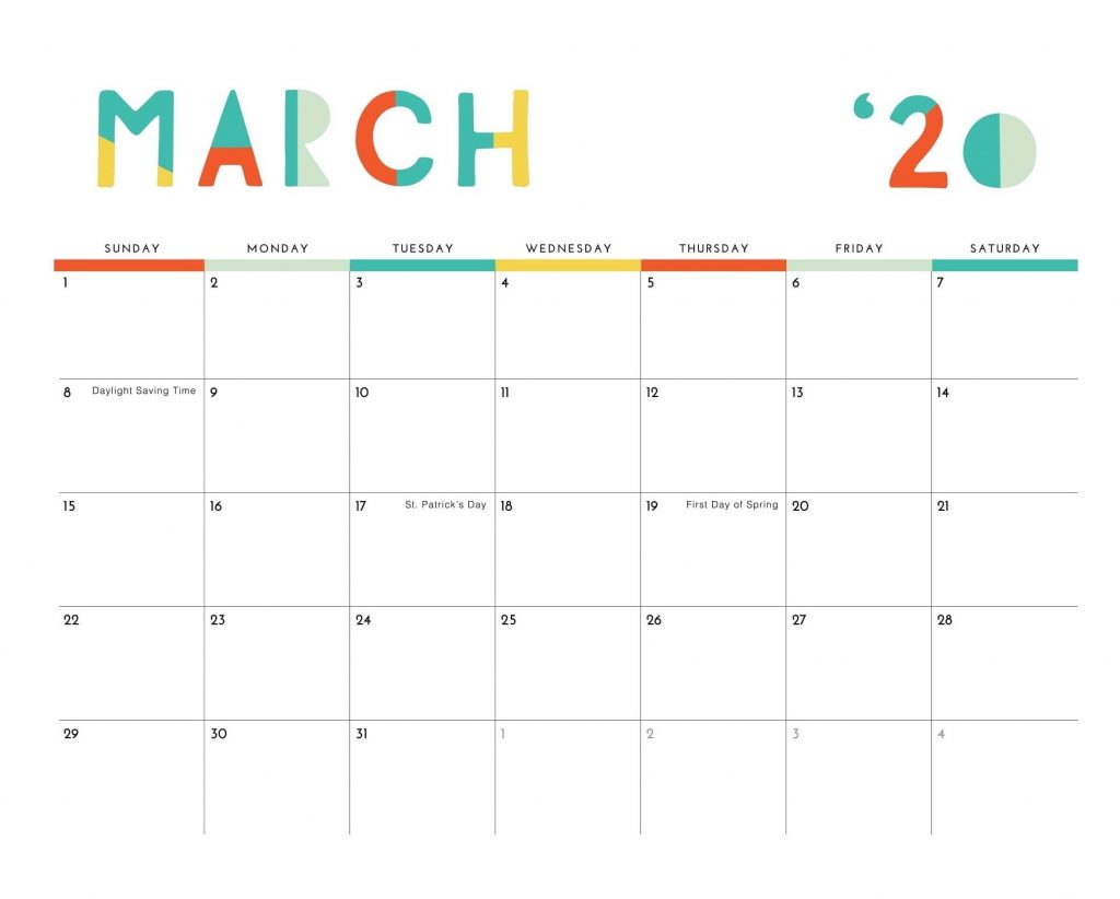 March 2020 Colorful Calendar