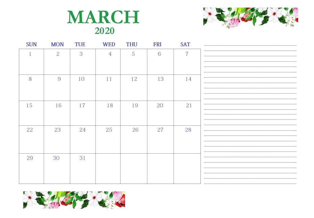 March 2020 Desk Calendar With Notes