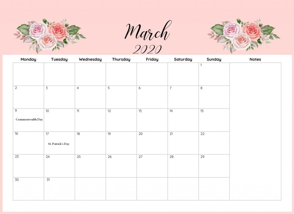 March 2020 Floral Calendar Design