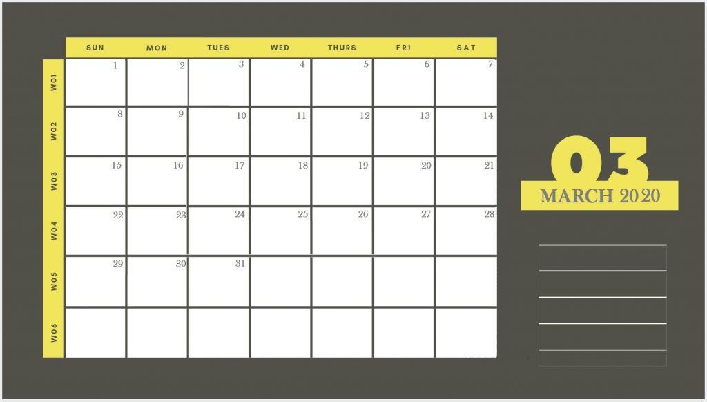 March 2020 Office Desk Calendar