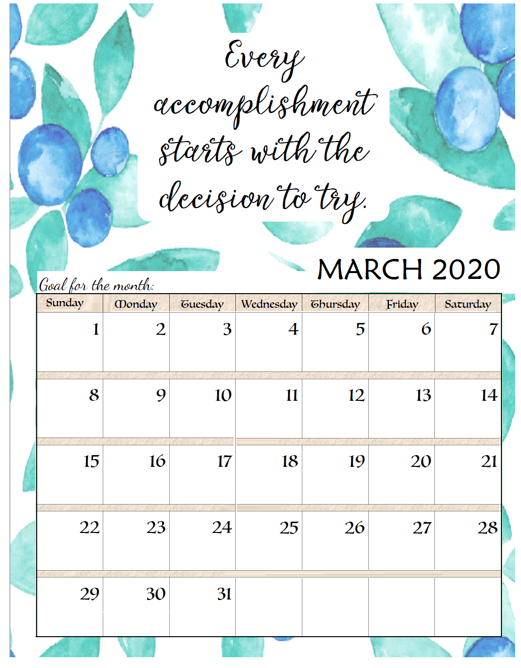 March 2020 Office Wall Calendar