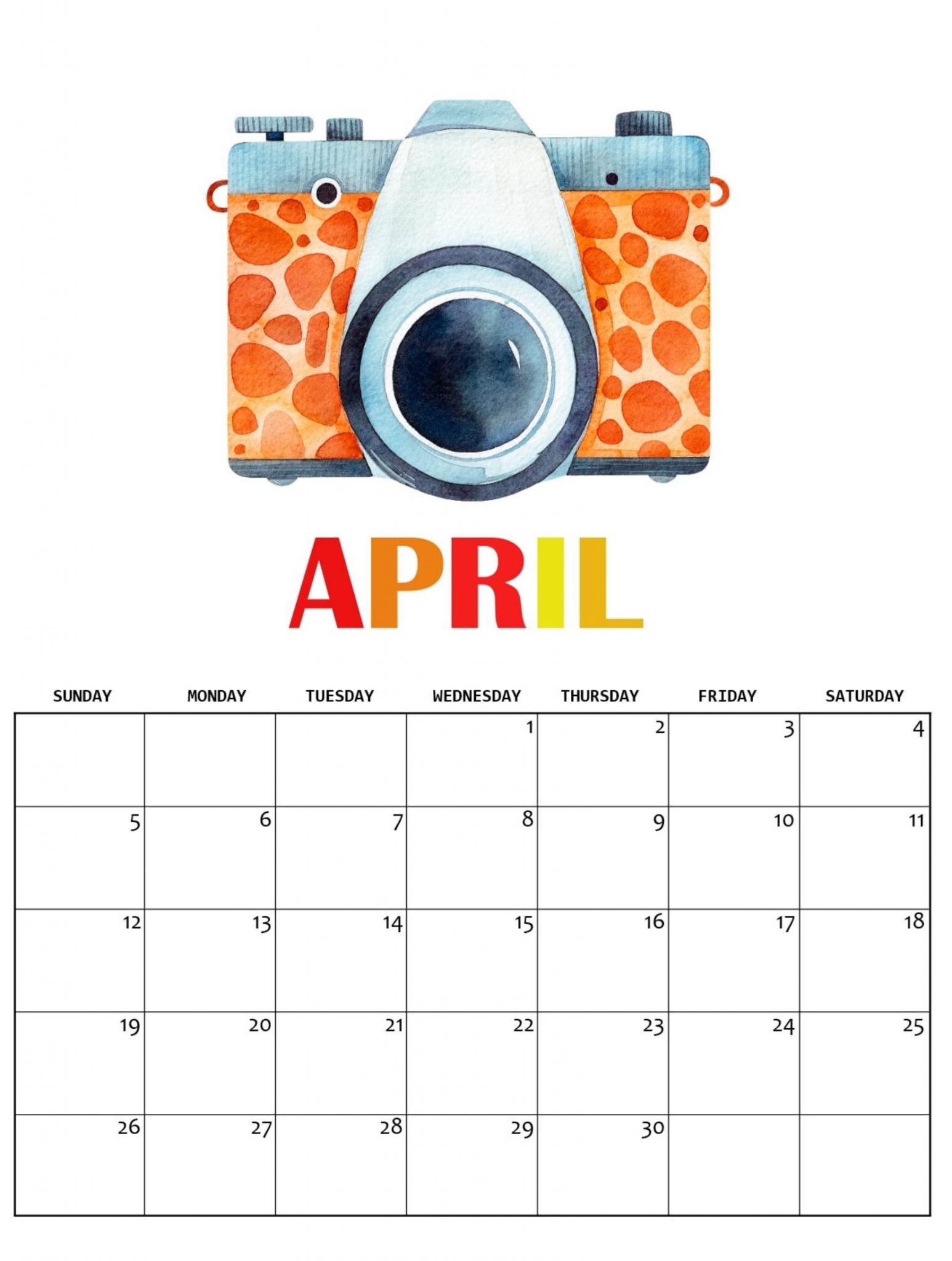 Print April 2020 Cute Calendar
