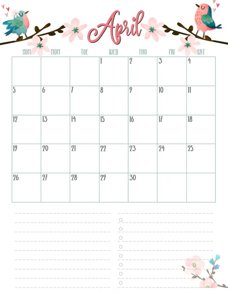 Printable April 2020 Floral Calendar