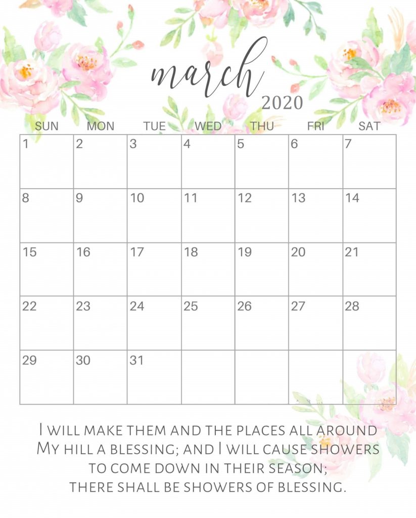Printable March 2020 Floral Calendar