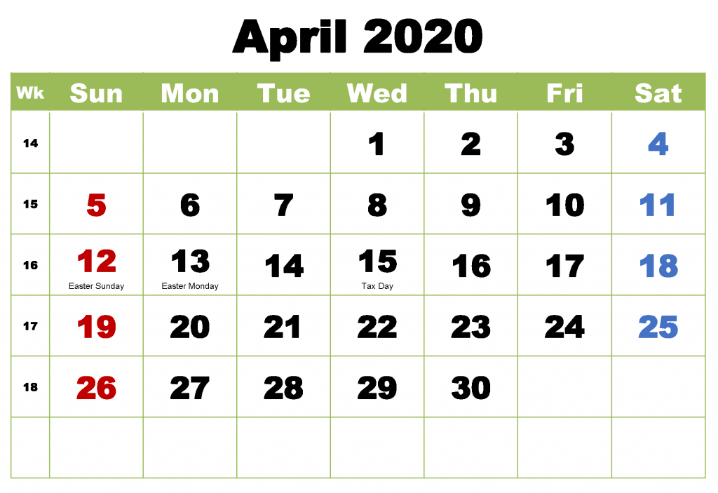 USA April 2020 Federal Holidays Calendar