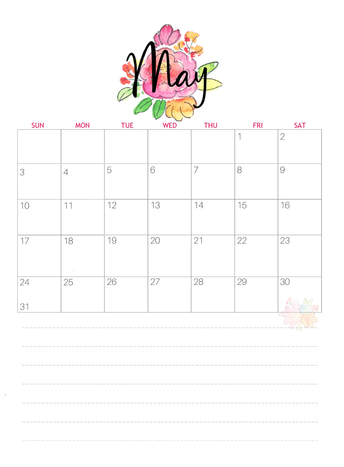 Pretty May 2020 Calendar