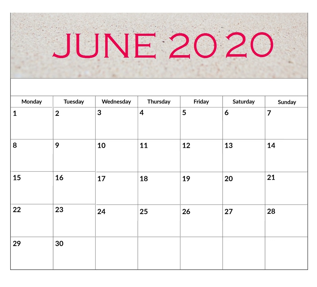 June 2020 Printable Desk Calendar