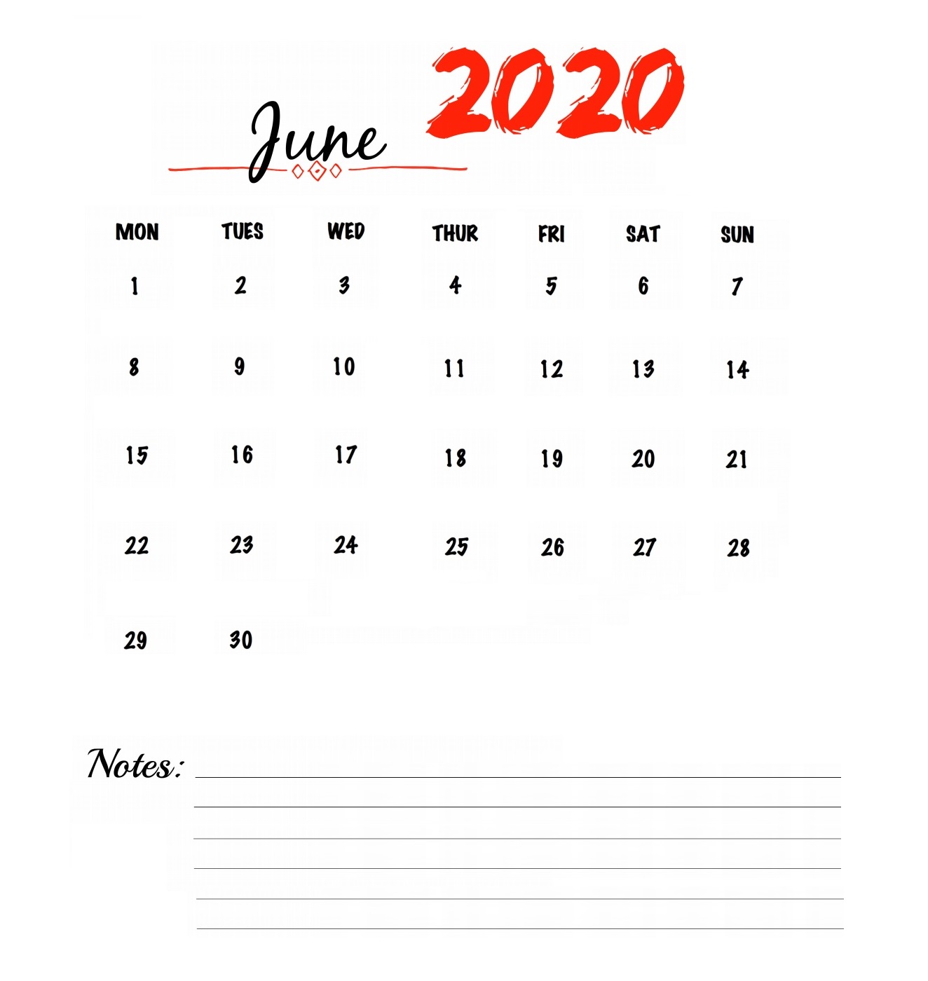 Watercolor June 2020 Wall Calendar