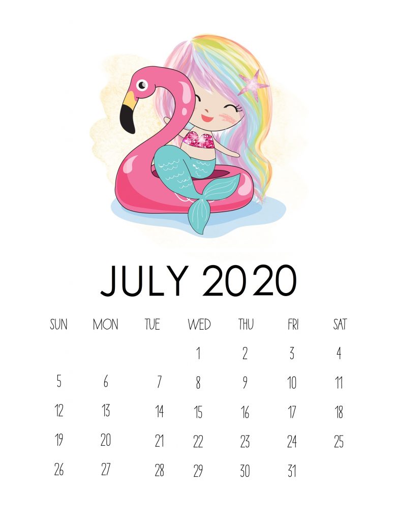 Cute July 2020 Kids Calendar