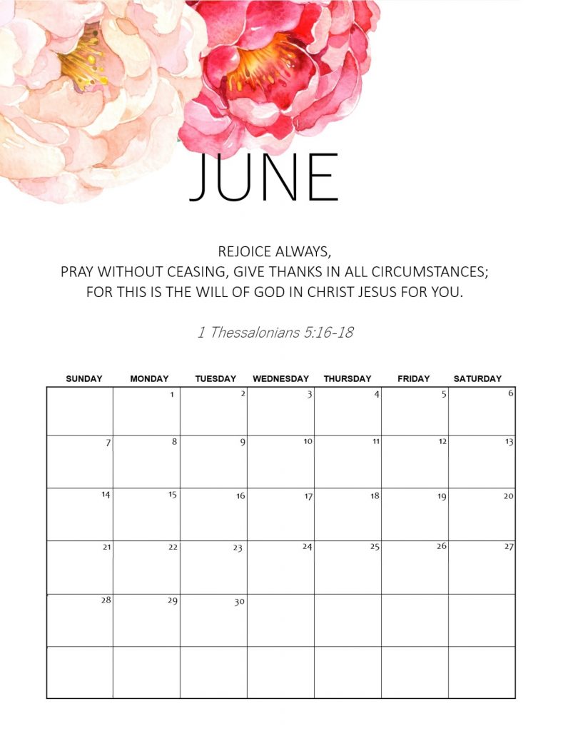 Free June 2020 Floral Calendar