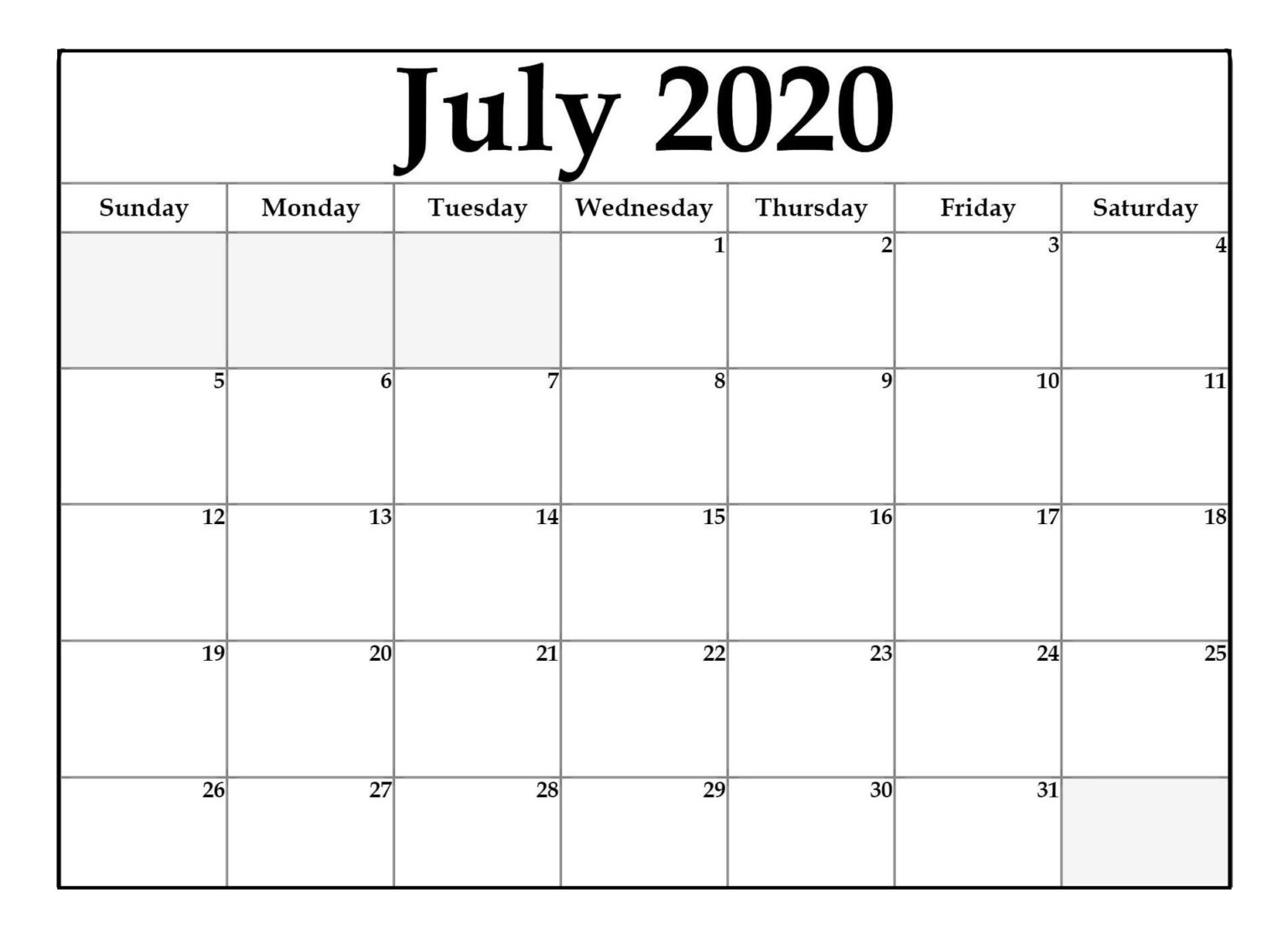 July 2020 Calendar