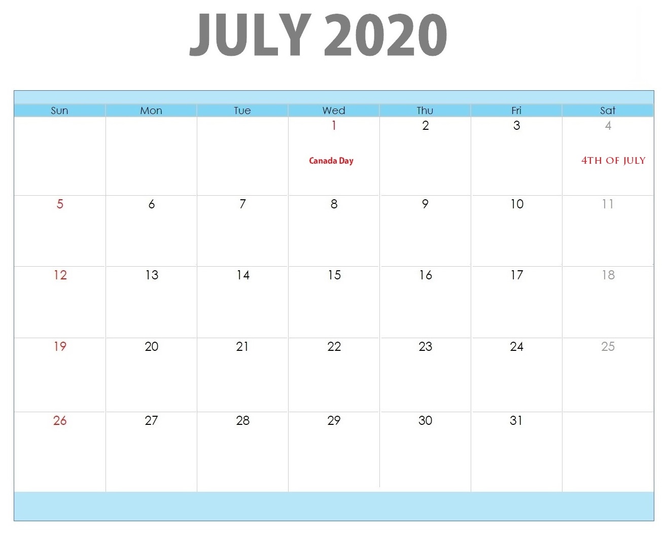 July 2020 Holidays Calendar