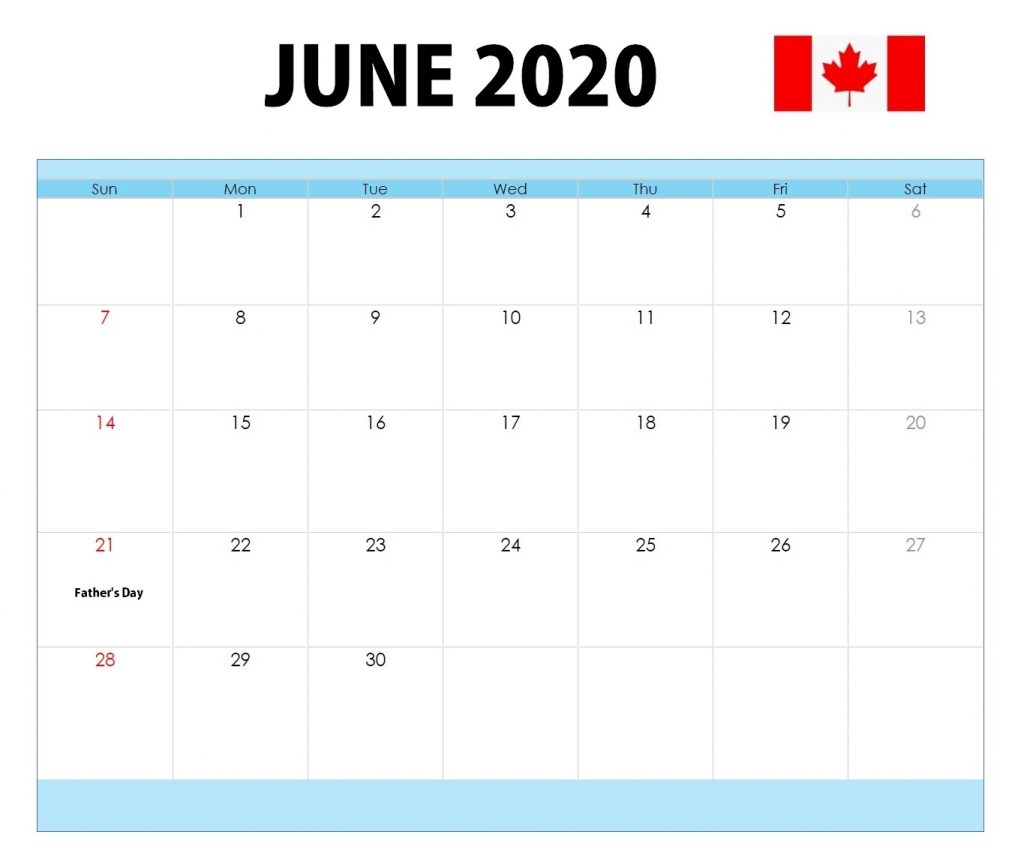 June 2020 Calendar Canada Flag