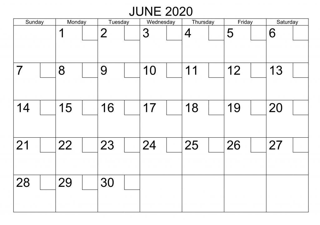 June 2020 Calendar Horizontal