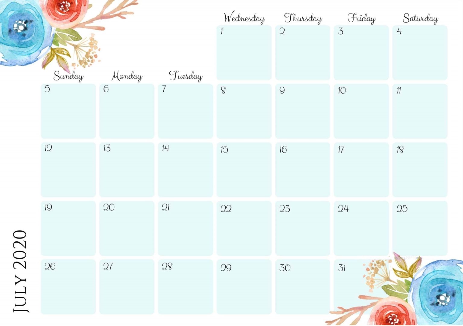 Beautiful July 2020 Floral Calendar