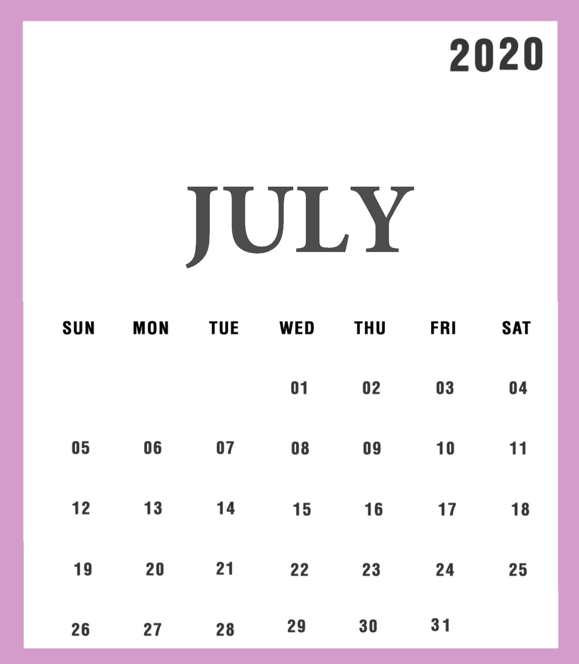 Best July 2020 Wall Calendar