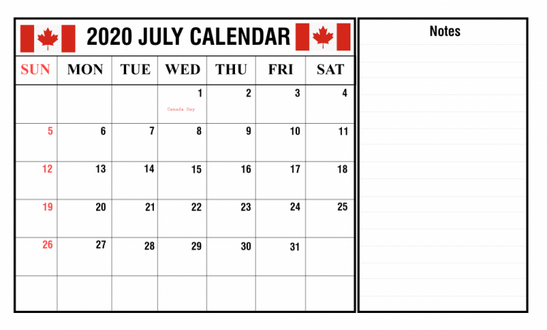July 2020 holidays calendar in Canada