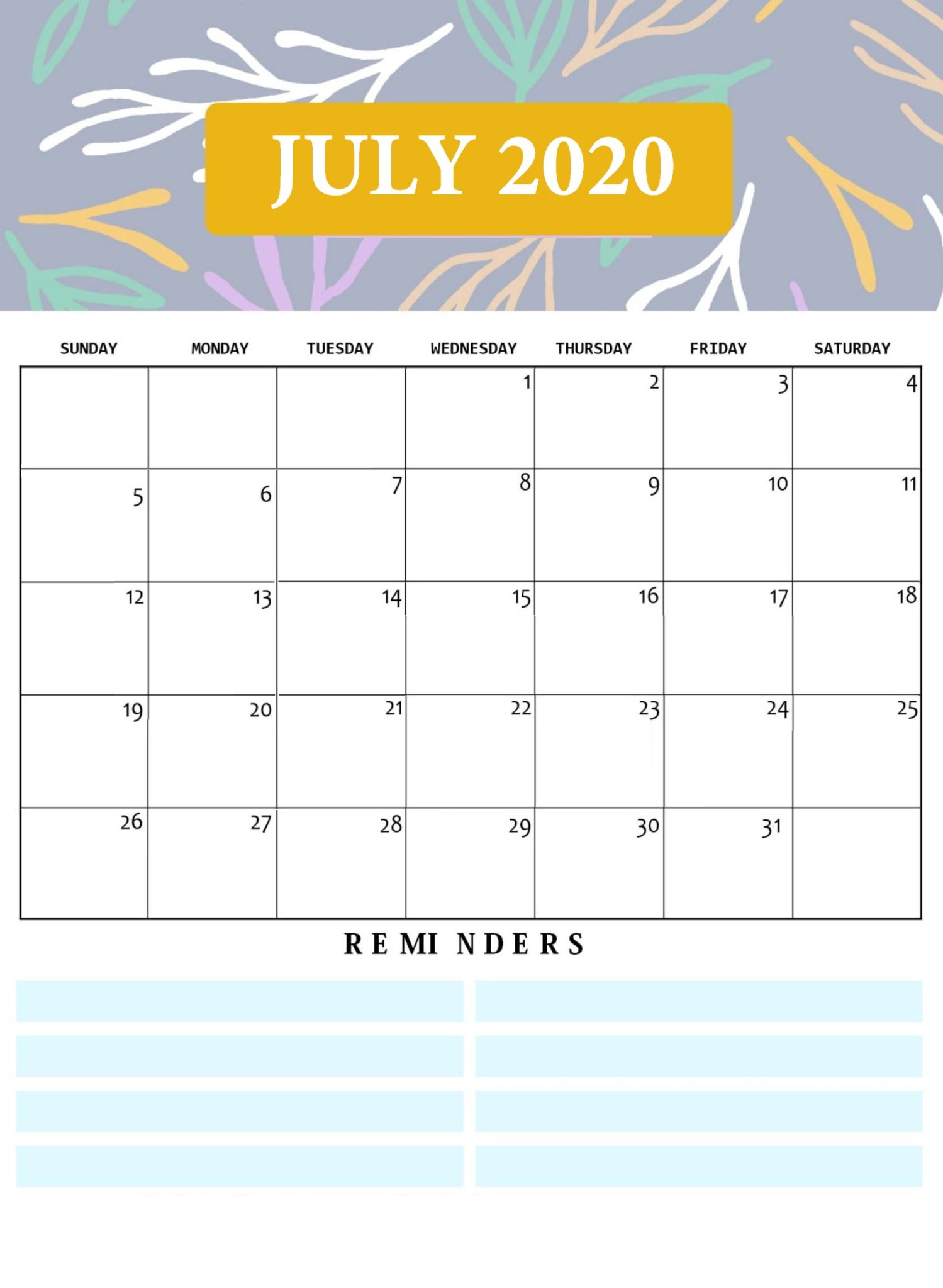 Cute July 2020 Vertical Calendar