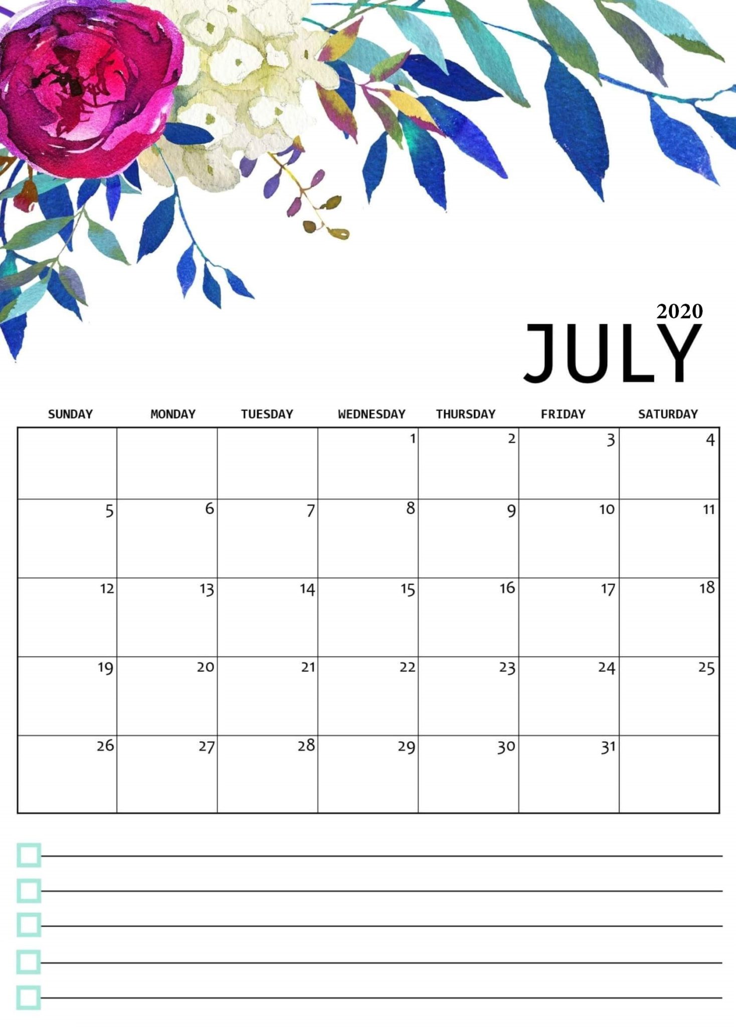 Floral July 2020 Cute Calendar