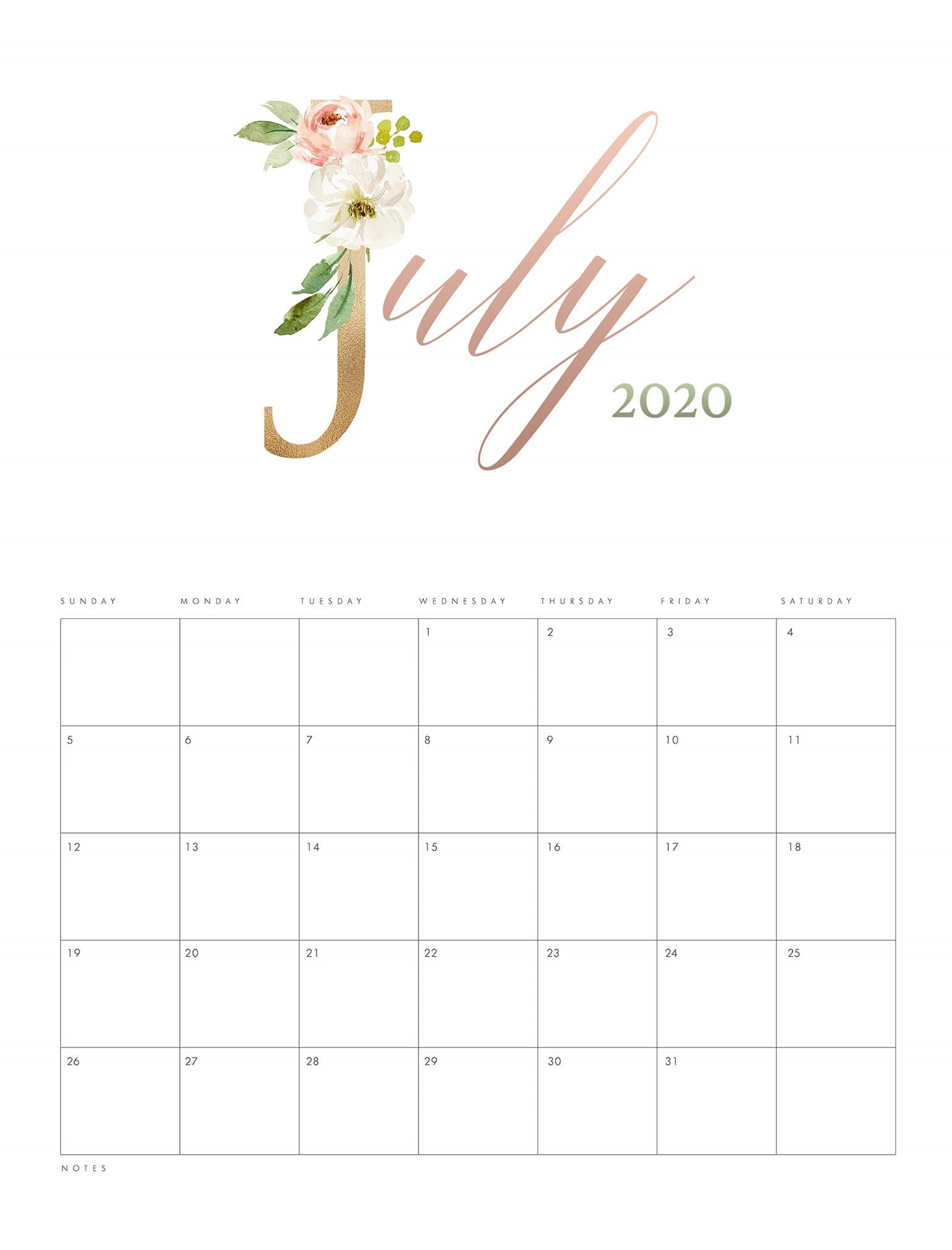 Floral July 2020 HD Calendar