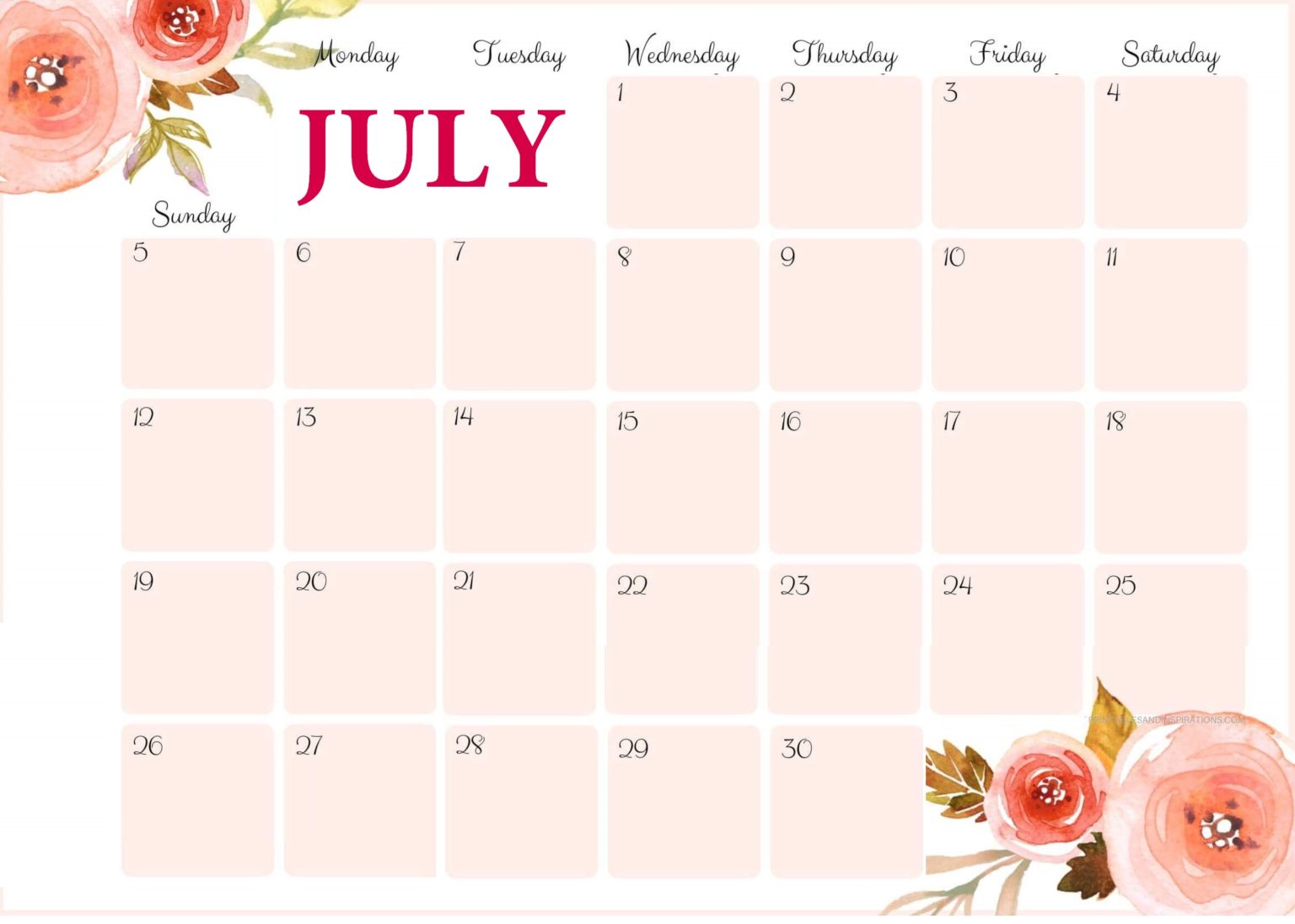 Floral July 2020 Online Calendar