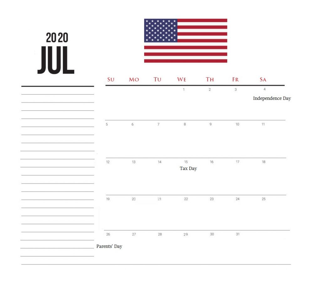 July 2020 Holidays Calendar