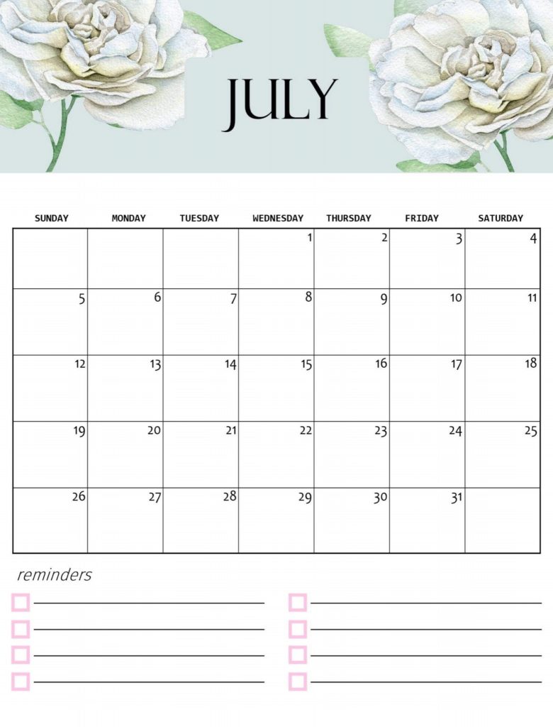 Floral July 2020 Calendar