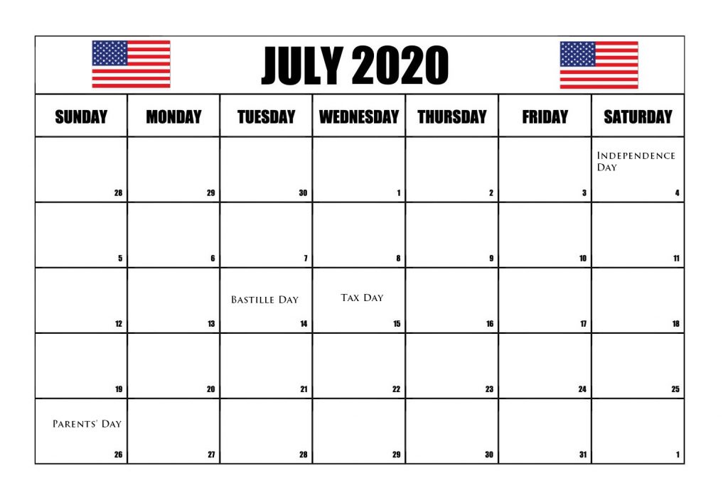 July 2020 Holidays Calendar