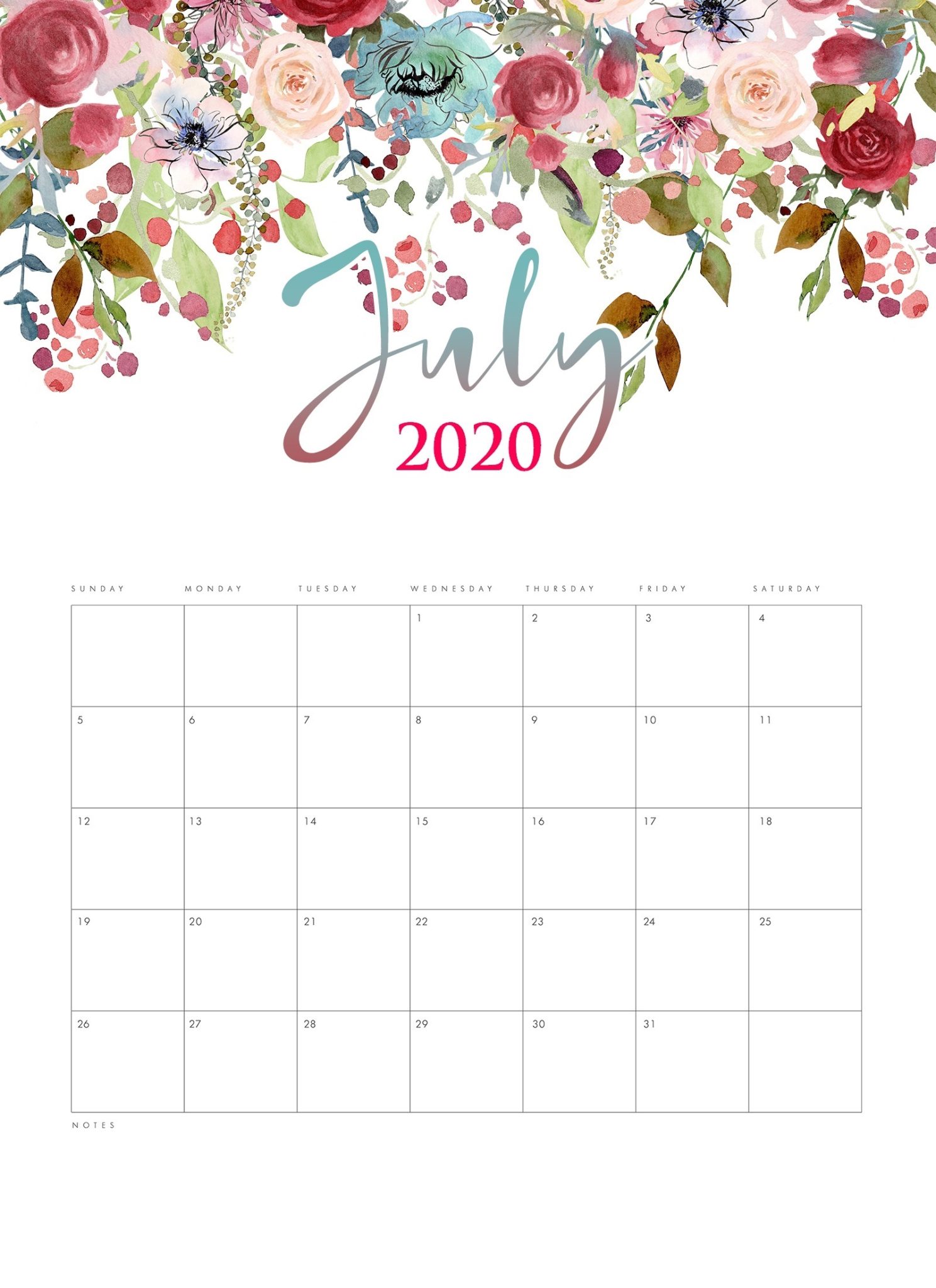 Print July 2020 Floral Calendar
