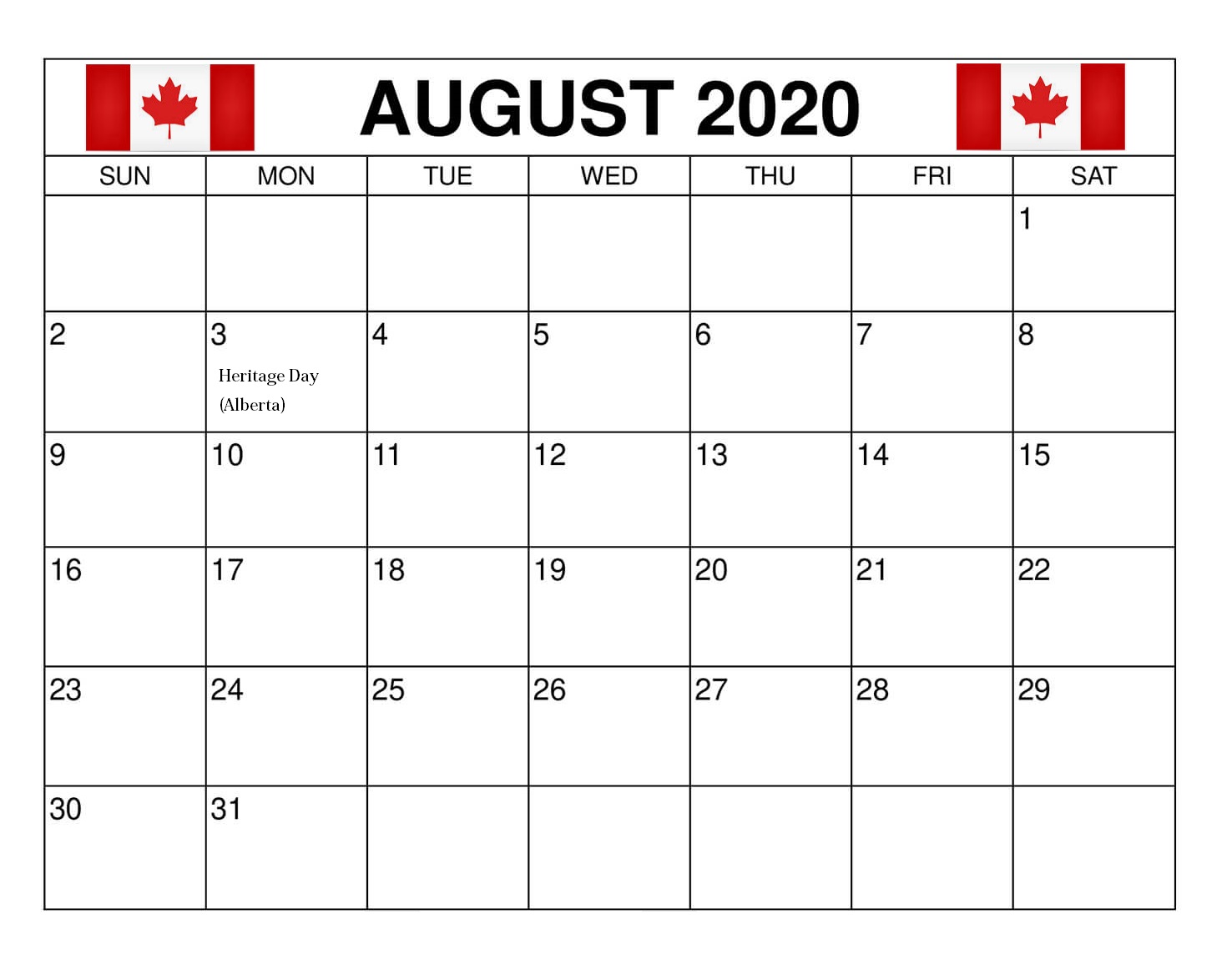 August 2020 Calendar Canada
