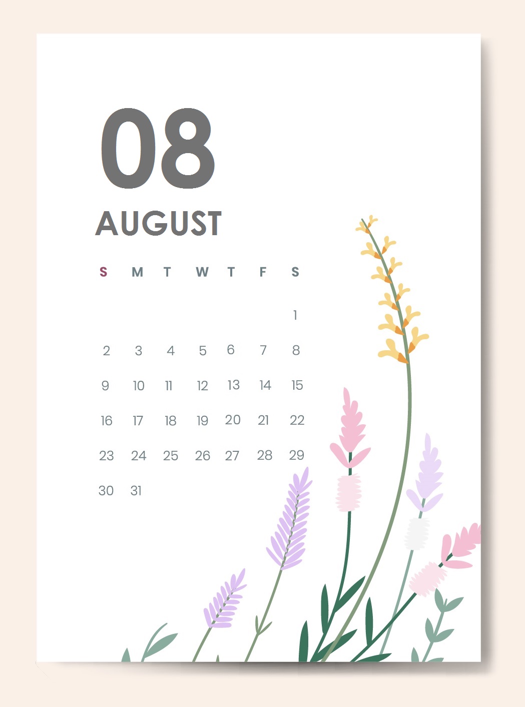 August 2020 Calendar Floral