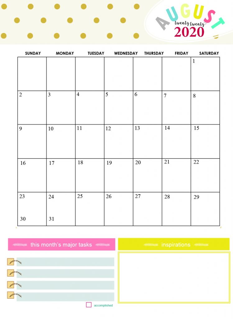 Printable August 2020 Calendar