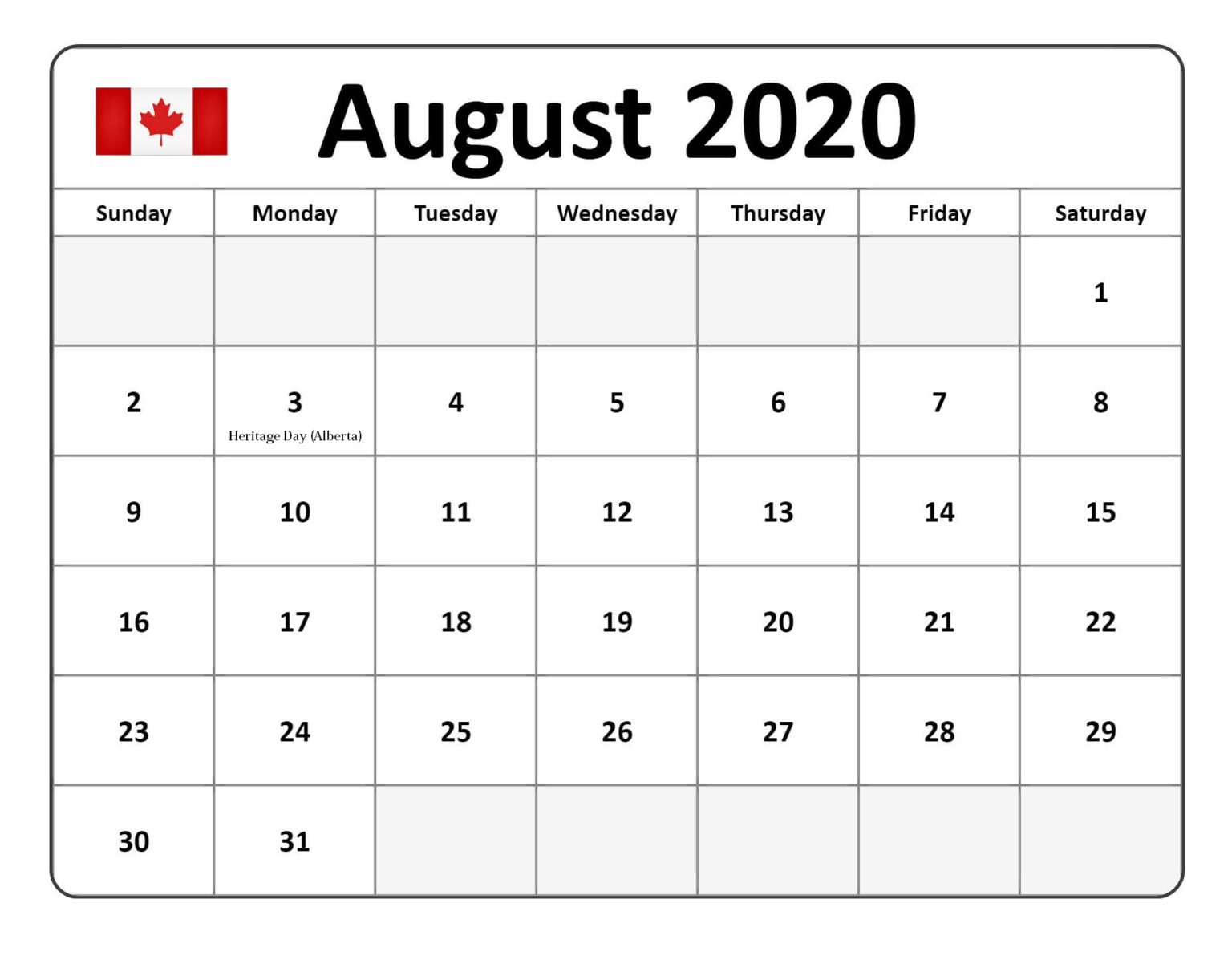August 2020 Canada Calendar