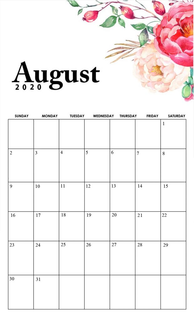 Printable August 2020 Calendar