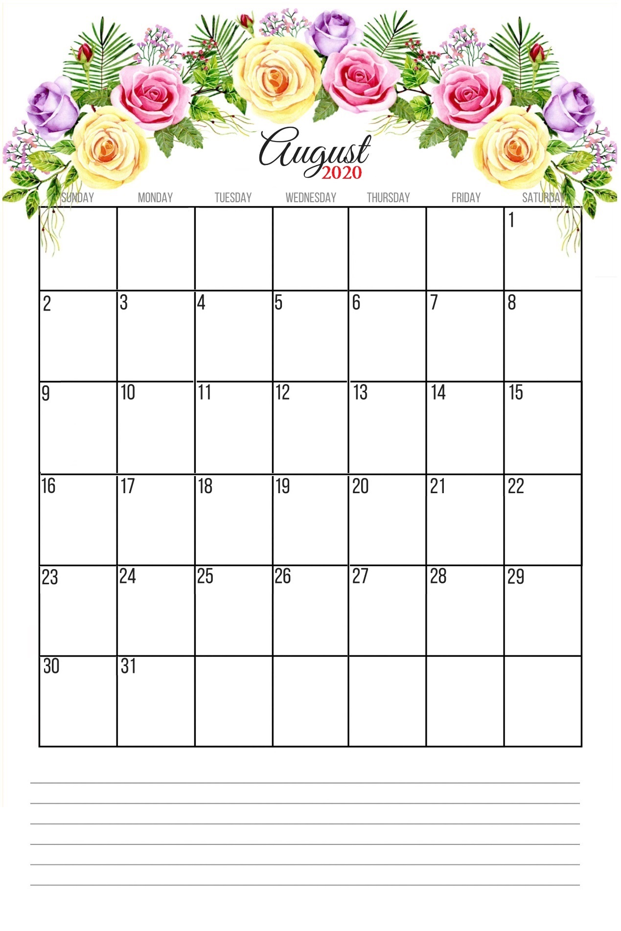 August 2020 Floral Wall Calendar
