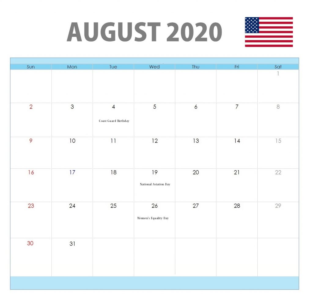 August 2020 Holidays Calendar