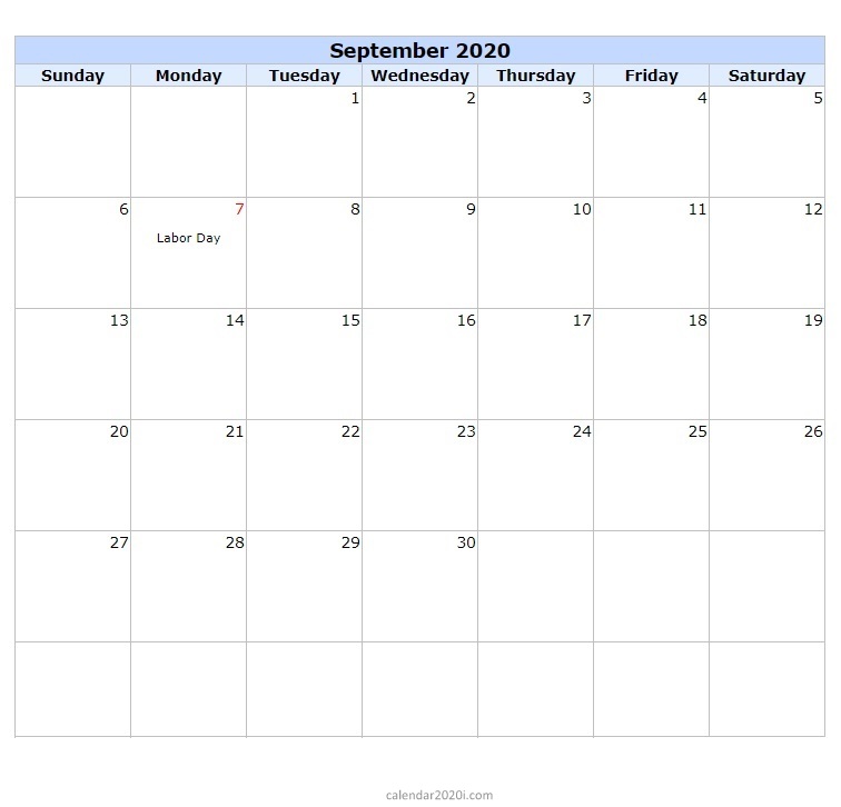 Blank September 2020 Calendar with Holidays