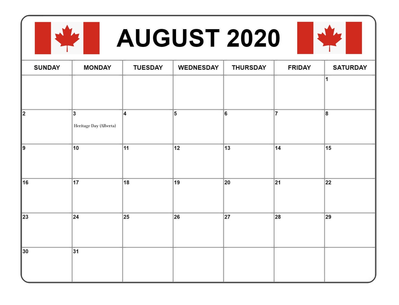 Canada August 2020 Federal Holidays
