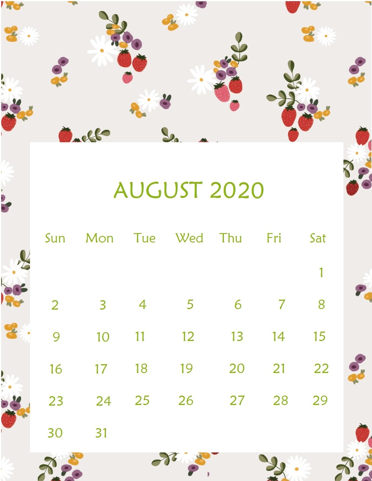 Cute August 2020 Wall Calendar